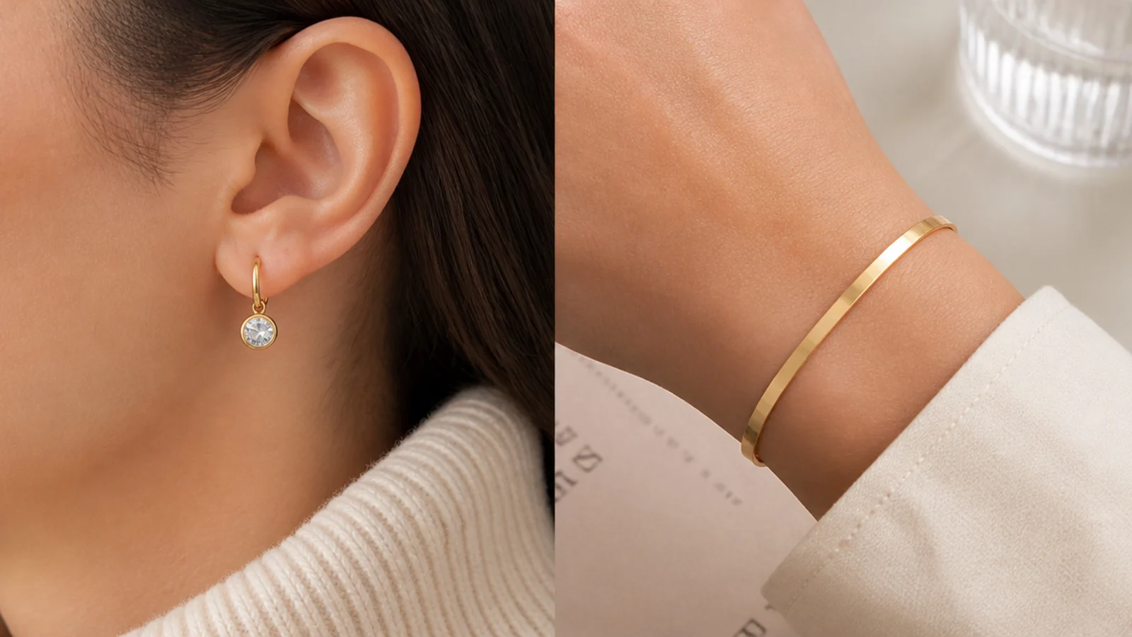 Faceless close-up of secure lever-back earrings and a flat bracelet chosen to stay silent at work