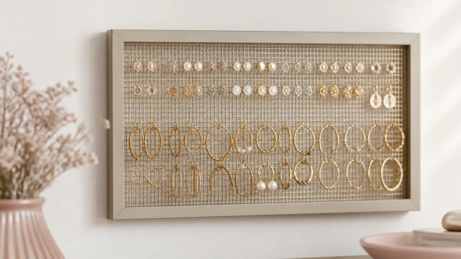 Faceless shot of a framed metal-mesh earring board on a wall holding rows of studs and hoops