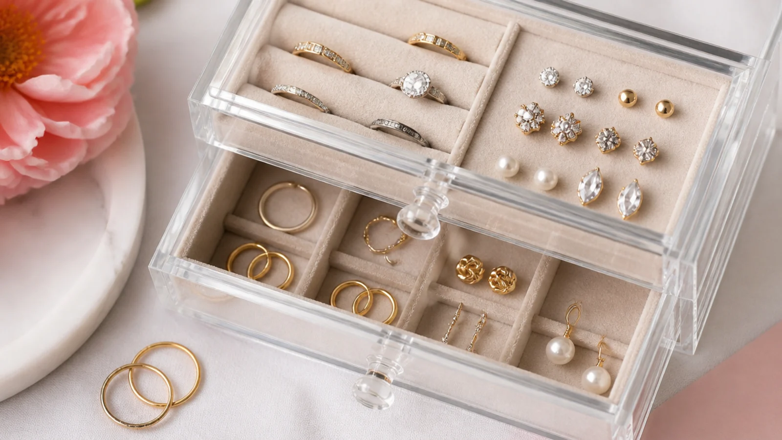 Faceless overhead shot of a clear two-tier acrylic drawer organizer with velvet-lined compartments of rings and studs
