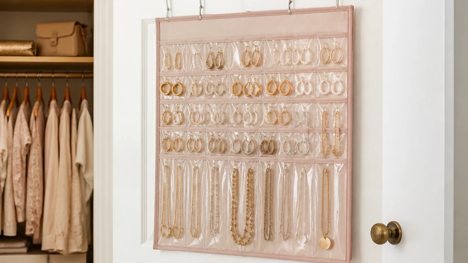 Faceless shot of a clear-pocket hanging jewelry organizer draped over a closet door filled with earrings and chains