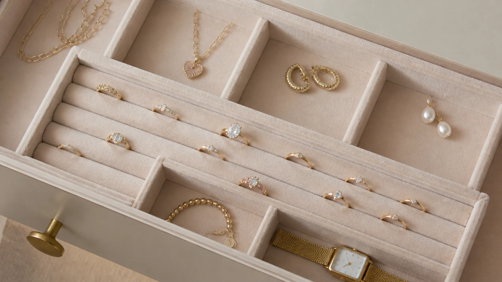 Faceless overhead shot of a felt-lined drawer insert tray with ring rolls and compartments inside a dresser drawer