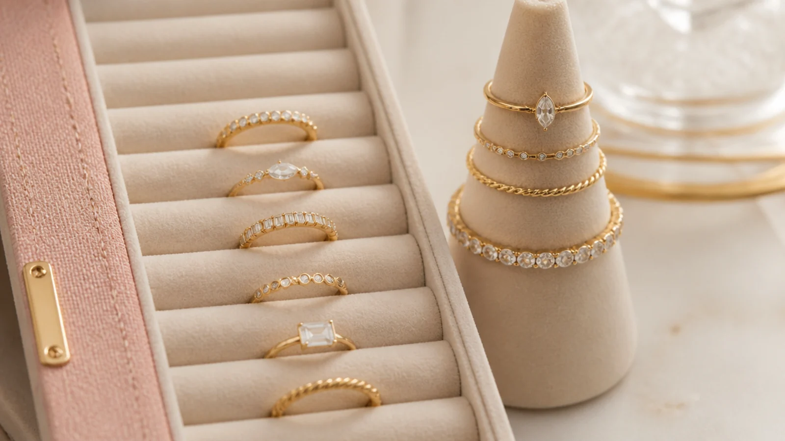 Faceless close-up of rings lined up in a velvet slotted ring roll beside a stacked ring cone