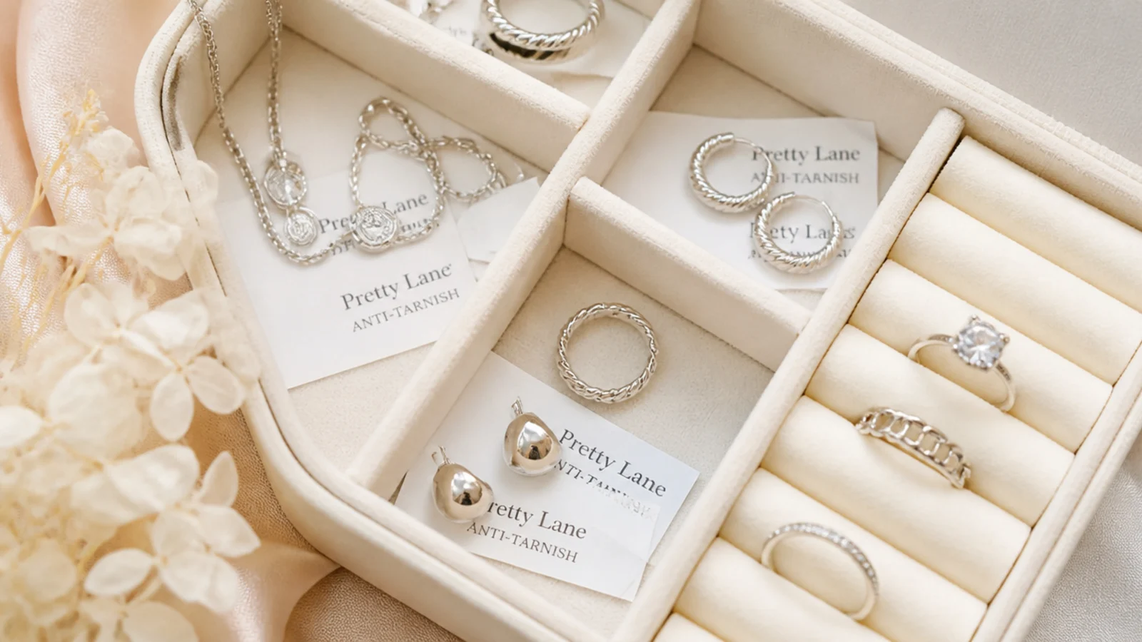 Faceless overhead shot of a compartment jewelry box with small anti-tarnish strips tucked between silver pieces