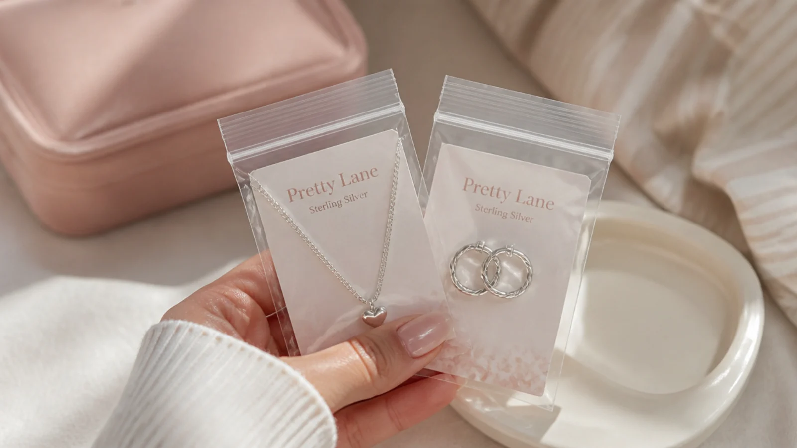 Faceless close-up of sterling silver pieces sealed in small resealable anti-tarnish poly bags
