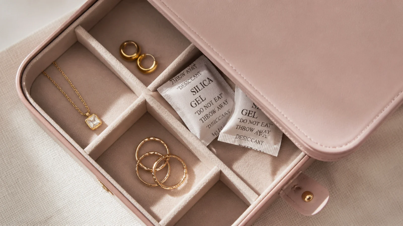 Faceless overhead shot of silica gel packets tucked into a lidded jewelry box beside gold-plated pieces