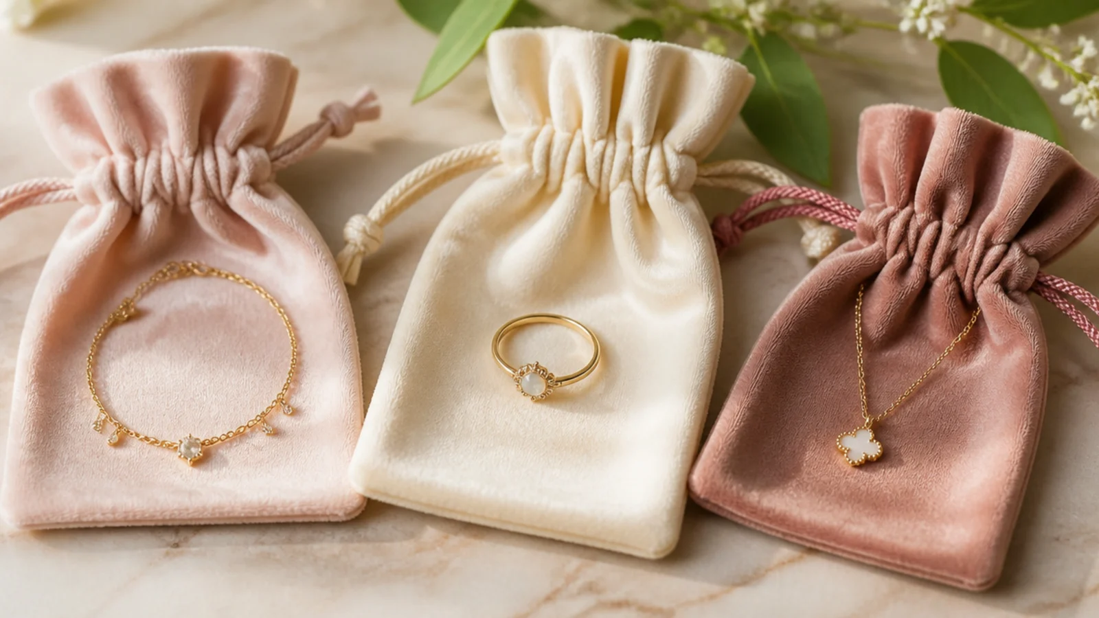 Faceless close-up of drawstring flannel jewelry pouches each holding a single delicate piece