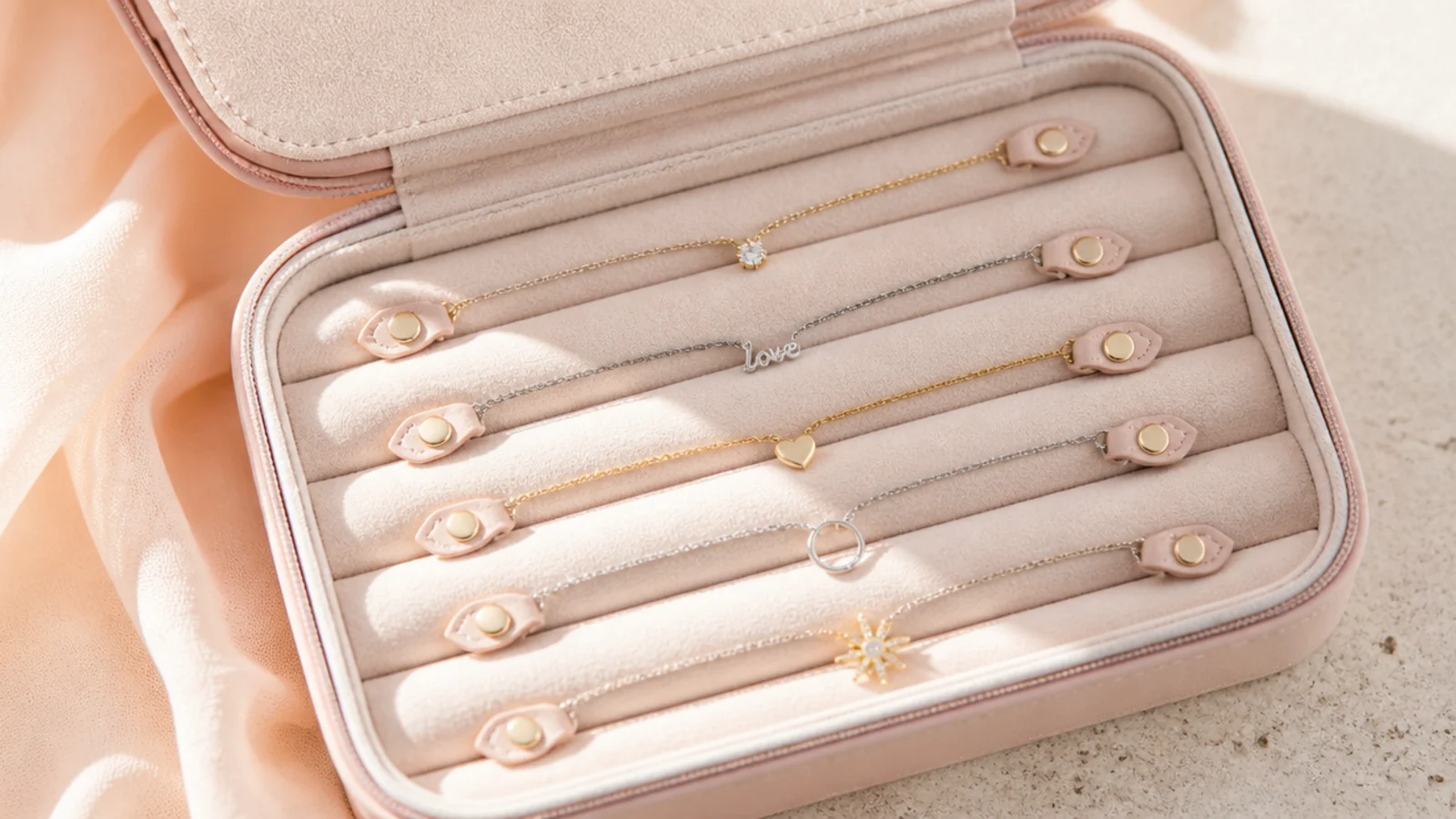 Faceless overhead shot of an open lidded box with padded bars holding necklaces clasped in place