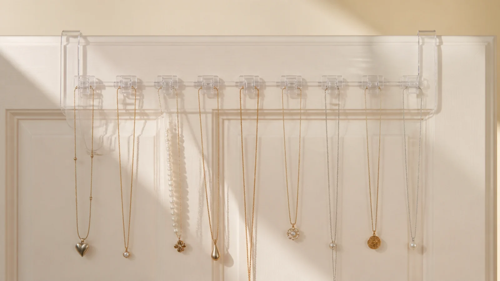 Faceless shot of a clear over-door panel with individual clips holding necklaces separated in a row