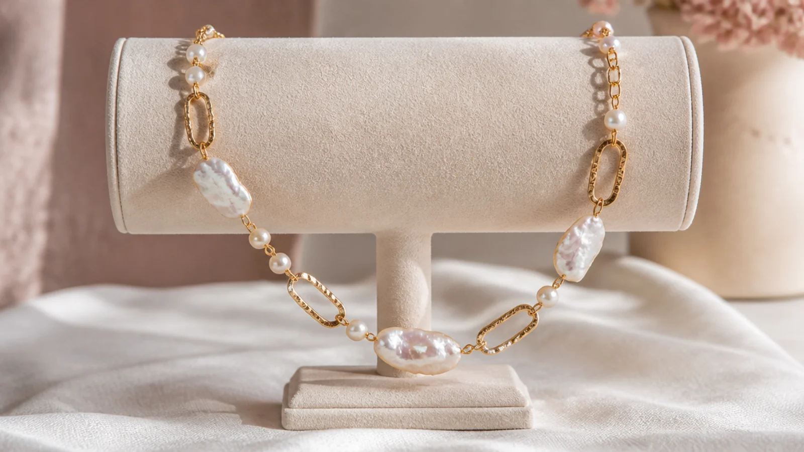 Faceless shot of a velvet T-bar bust stand displaying a statement necklace kept flat and untangled