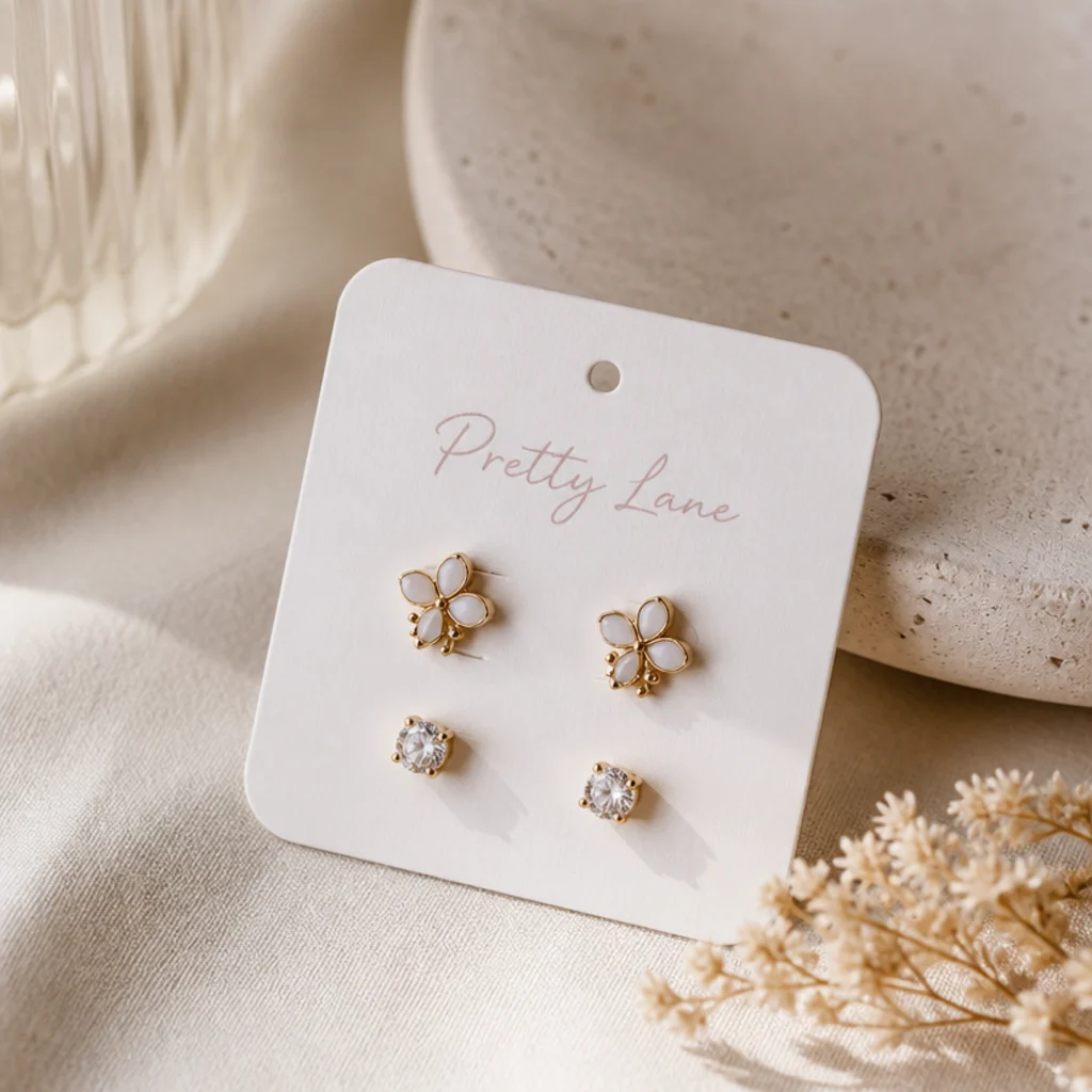 Faceless close-up of stud earring pairs pushed through a spare button card so pairs stay together