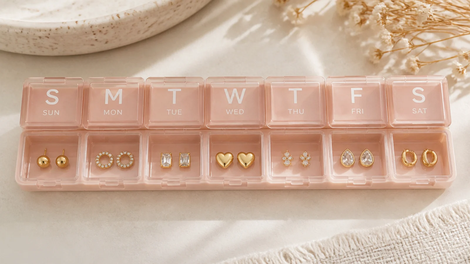 Faceless overhead shot of a seven-day pill organizer holding one pair of studs or small rings per lidded compartment