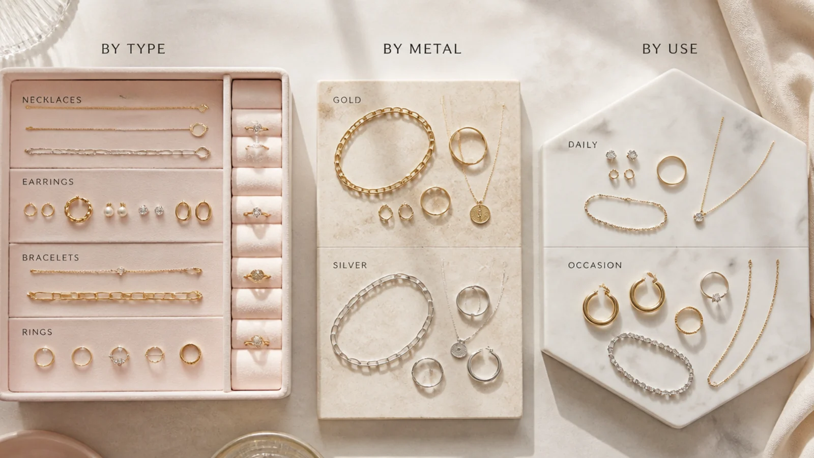 Faceless flat-lay showing jewelry sorted three ways: by type, by gold versus silver metal, and by daily versus occasion use
