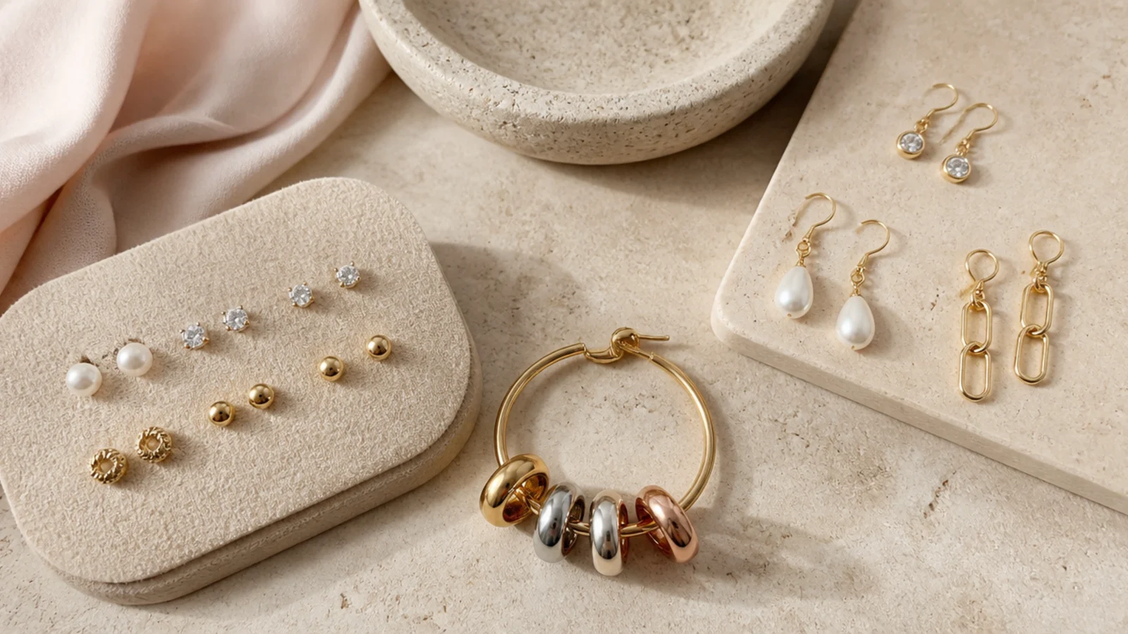 Faceless flat-lay of earrings organized by type with studs on a felt card, hoops on a ring and drops on a board