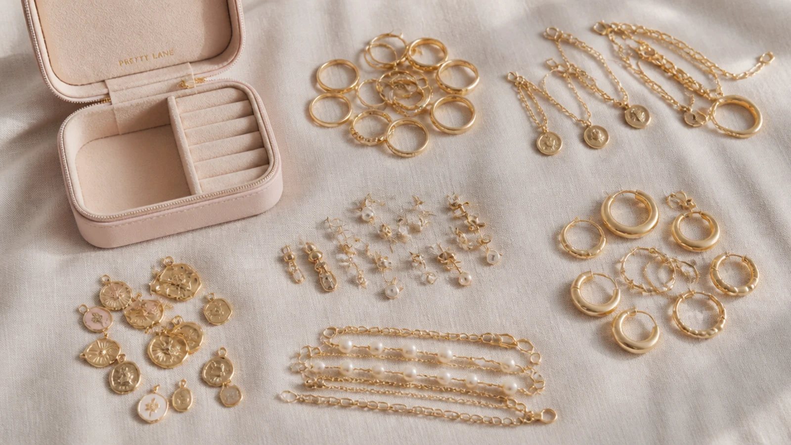 Faceless overhead shot of an emptied jewelry box with pieces sorted into piles by type on a cloth