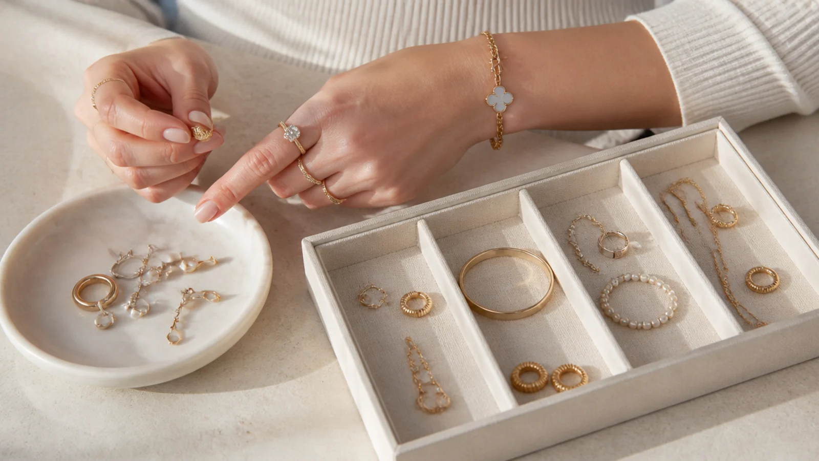 Faceless shot of hands separating broken and single earrings from keepers into a discard dish