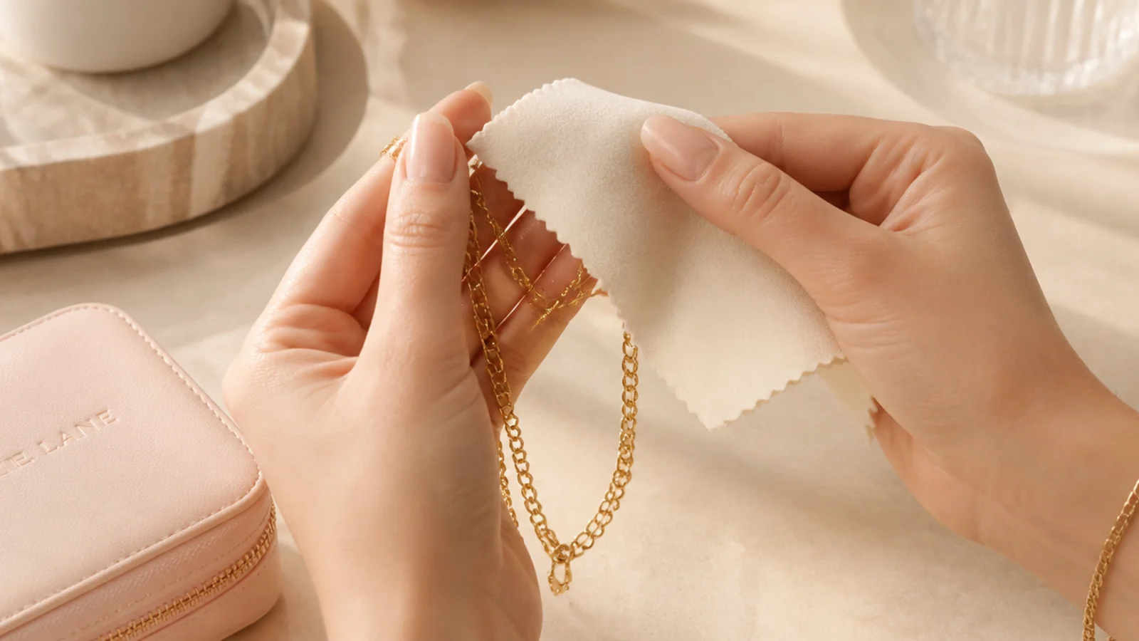 Faceless close-up of a soft cloth wiping down a gold chain before storage