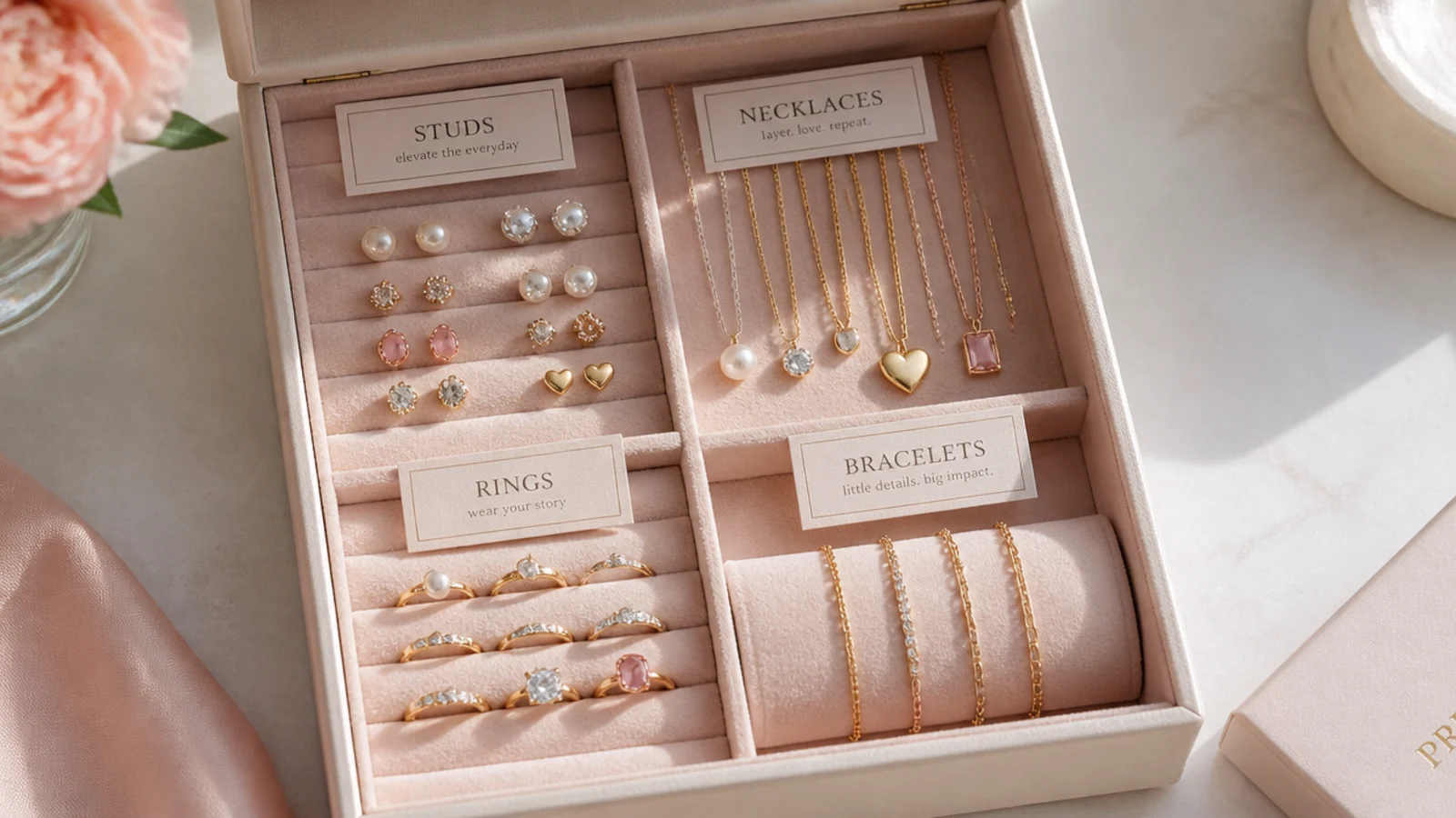 Faceless flat-lay of storage zones labeled for studs, necklaces, rings and bracelets