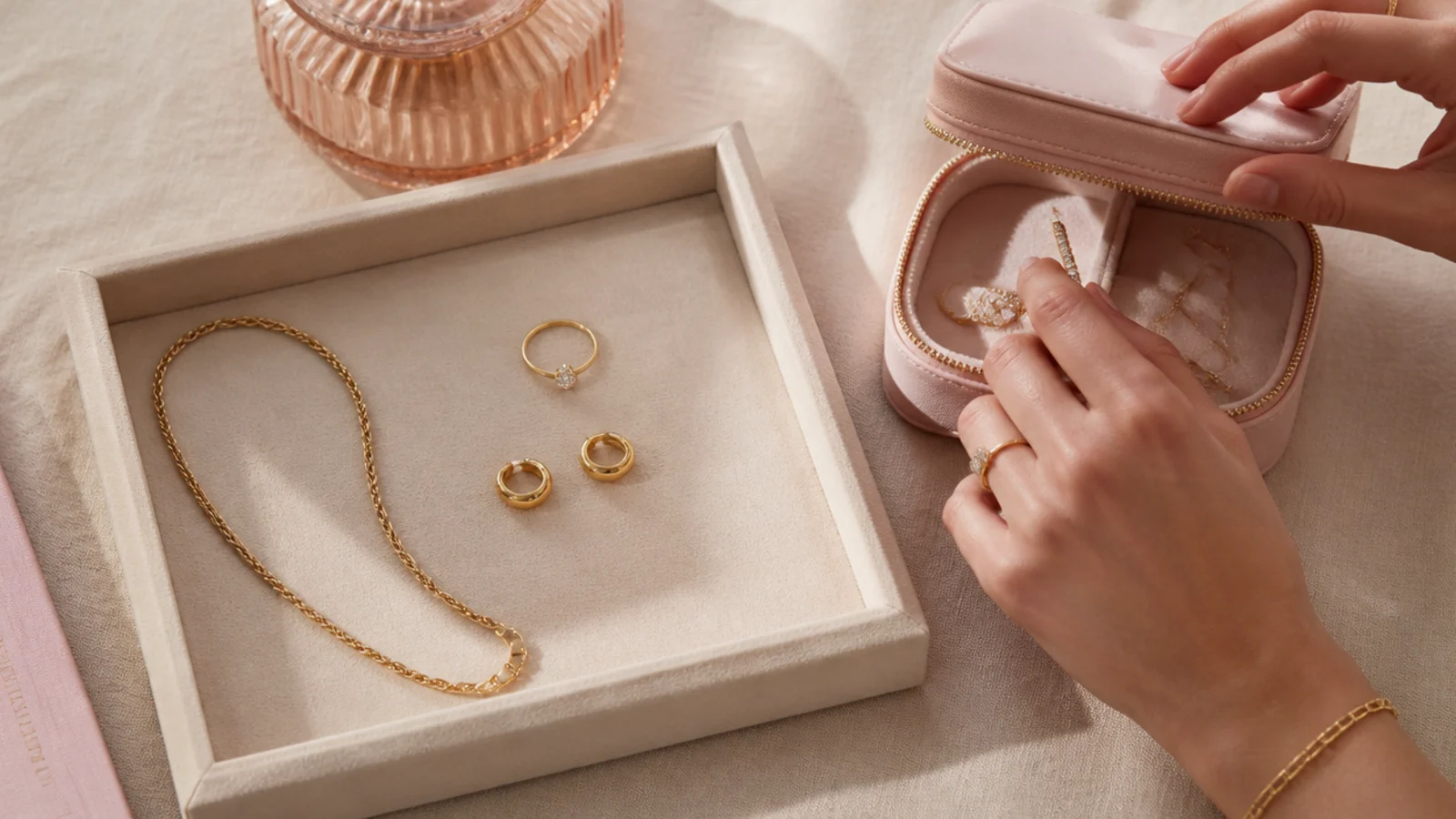 Faceless shot of daily jewelry set on an open tray beside occasion pieces going into a lidded box
