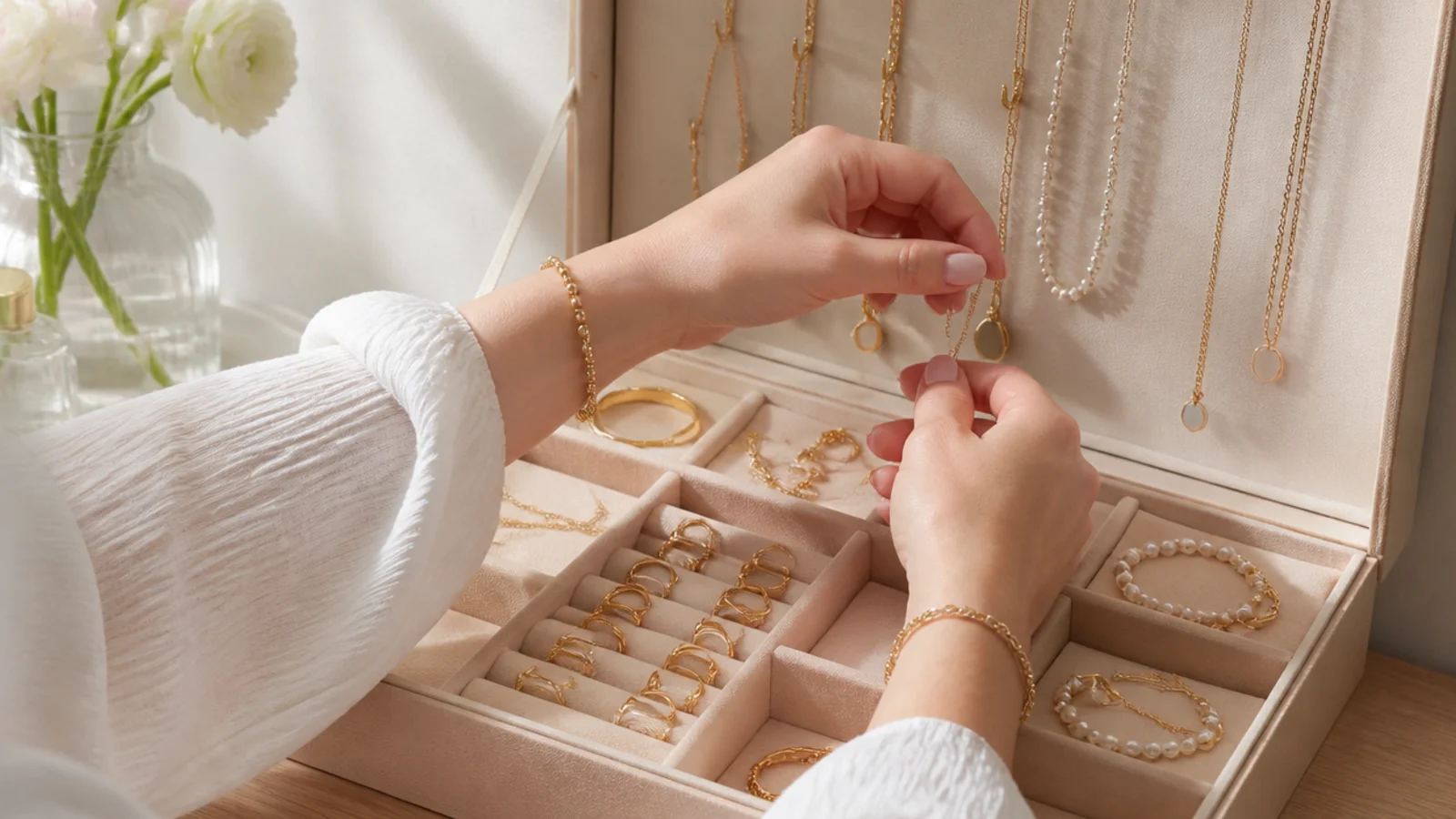 Faceless shot of hands returning the day's jewelry to its assigned tray and hook at night