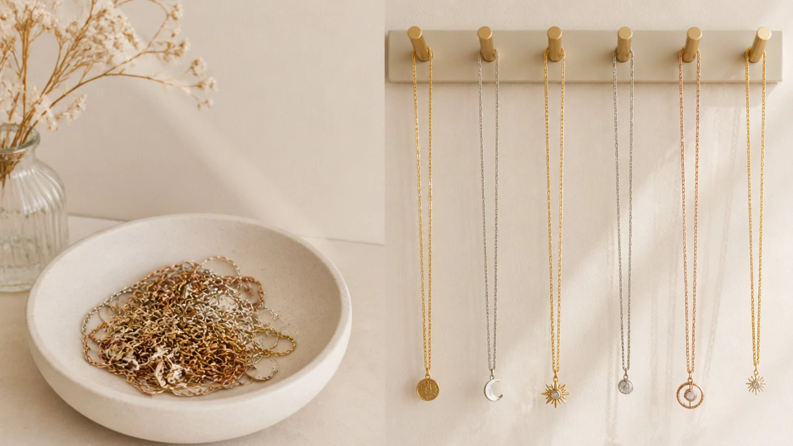 Faceless comparison of tangled chains in a bowl beside necklaces hanging straight and separated on hooks