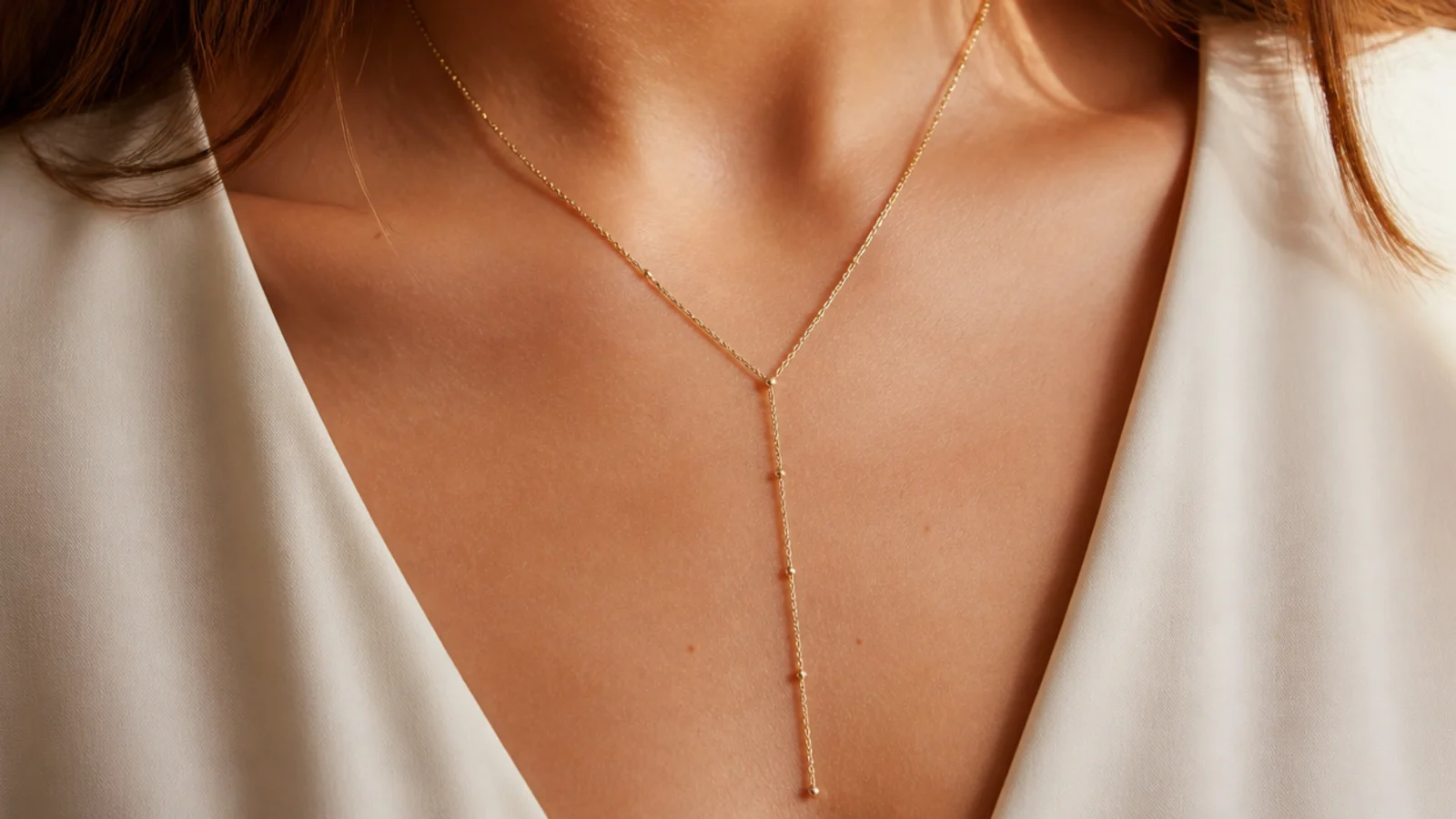 Faceless close-up of a gold Y-necklace tracing the point of a deep V-neck top