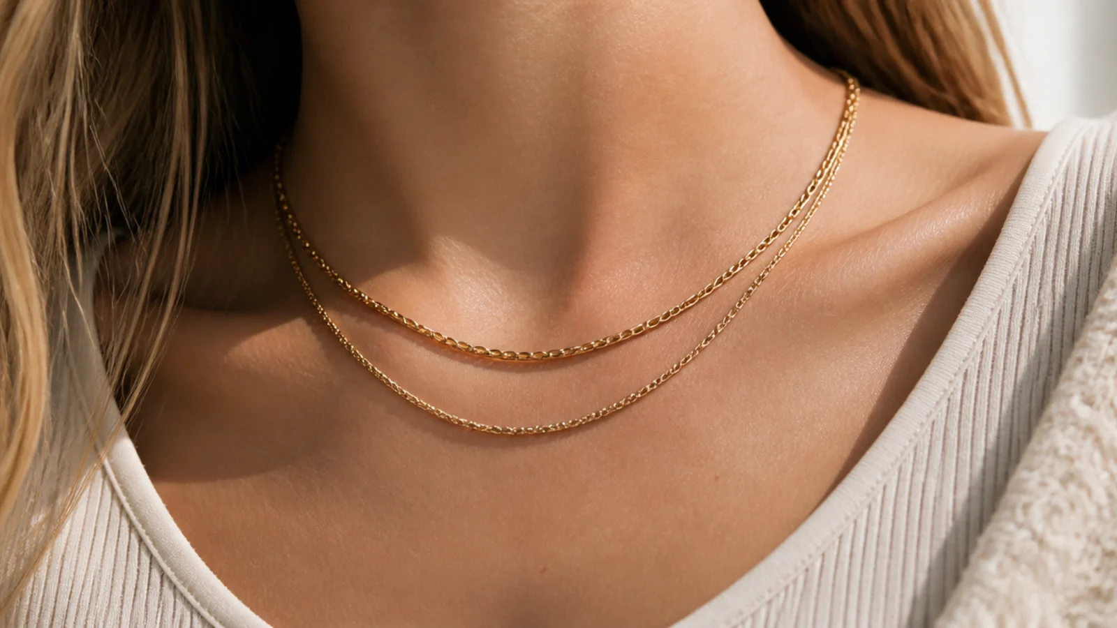 Faceless close-up of two staggered short gold necklaces curving along a scoop neckline