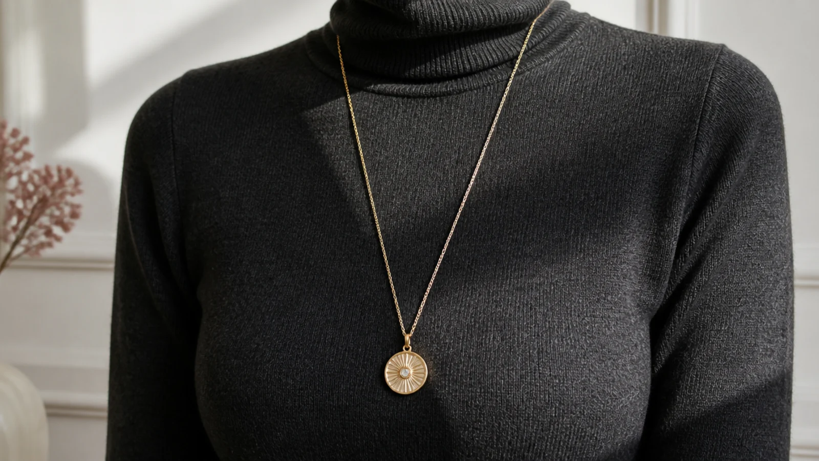 Faceless waist-up shot of a long gold pendant necklace laid over a charcoal turtleneck