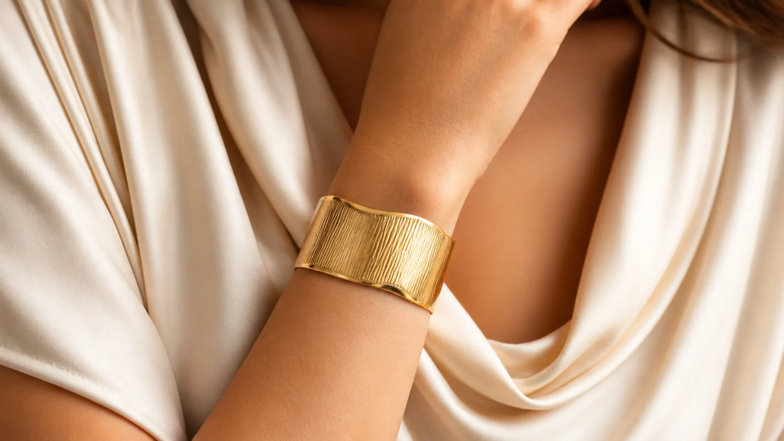 Faceless close-up of a wide gold cuff bracelet styled with a draped cowl neckline