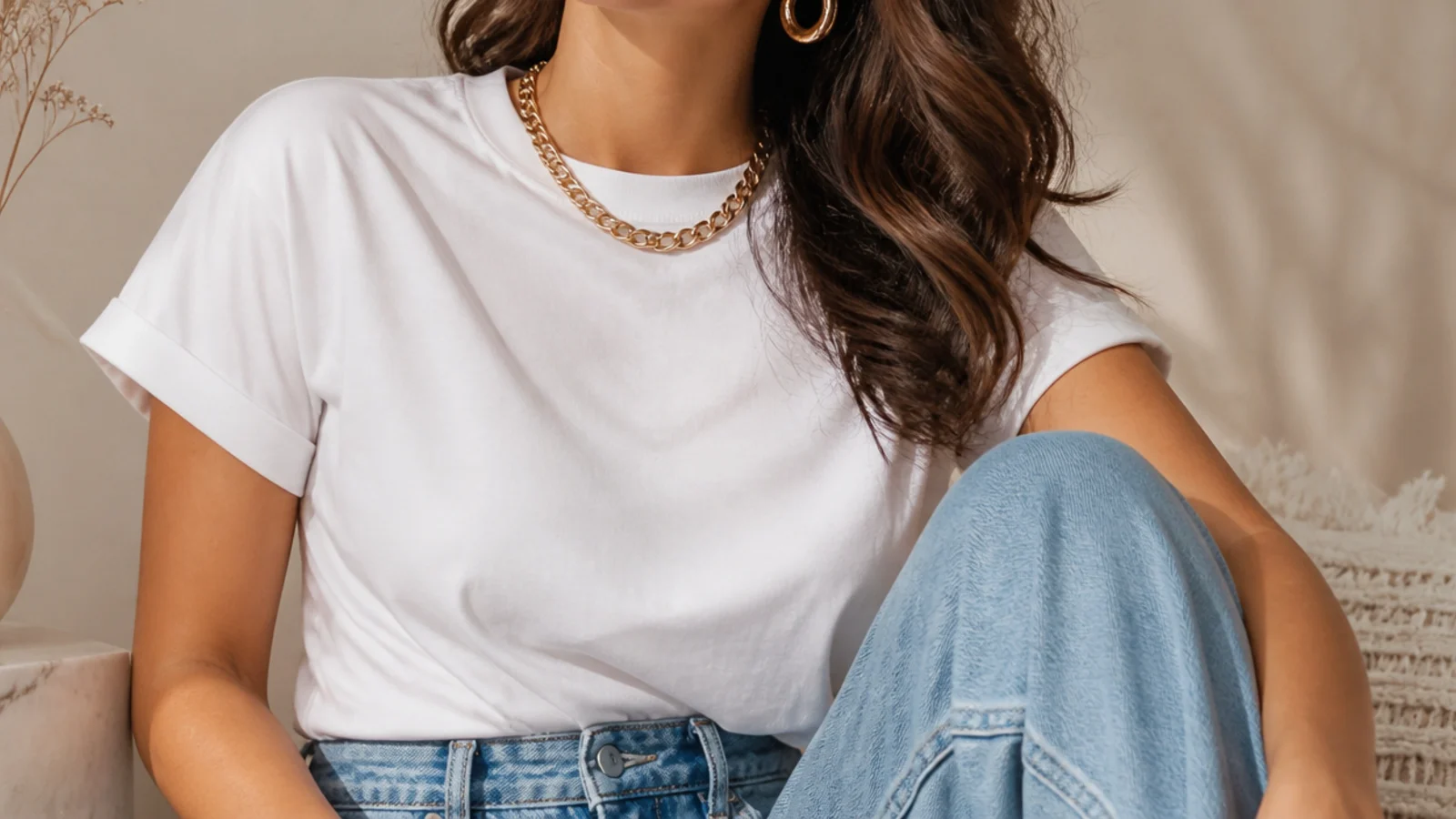 Faceless waist-up shot of chunky gold hoops and a curb-chain necklace with a plain white tee and baggy jeans