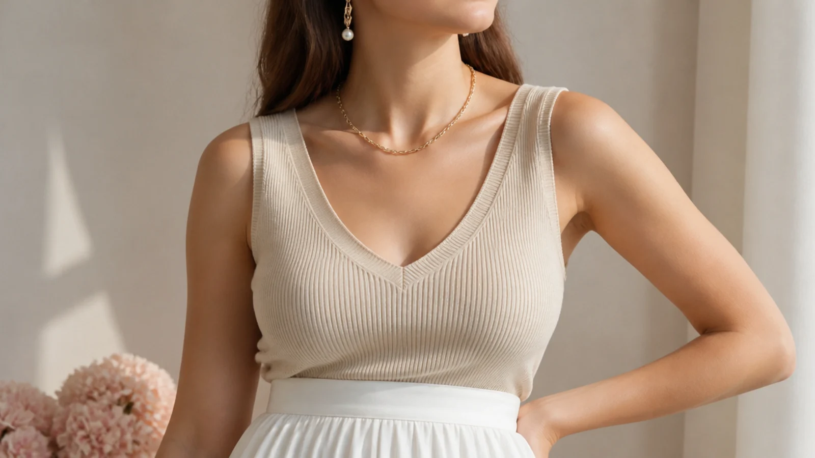 Faceless waist-up shot of freshwater pearl drop earrings and a fine gold chain styled with a white midi skirt outfit