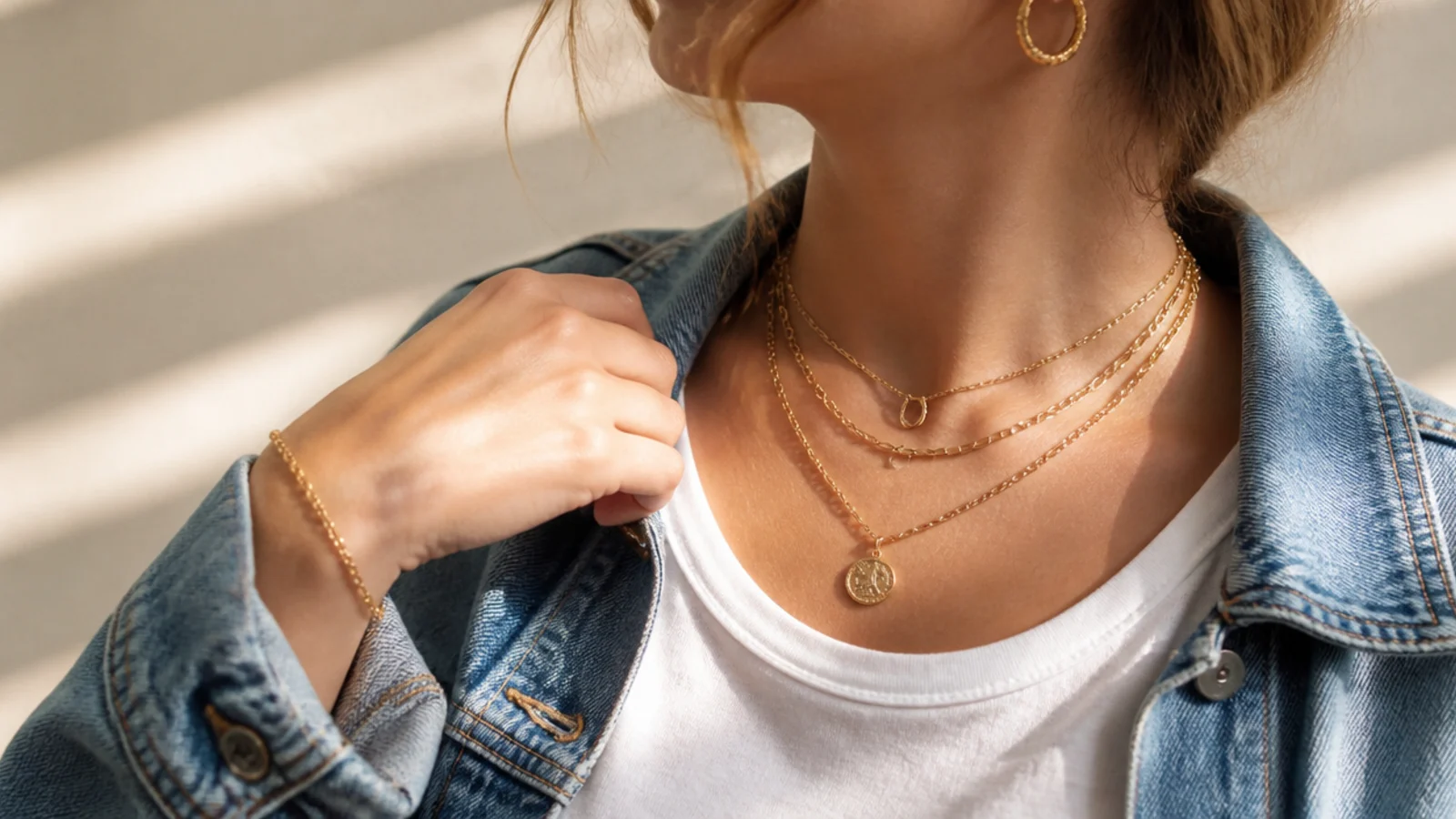 Faceless waist-up shot of layered gold chains and hoops styled with an open denim jacket over a tee