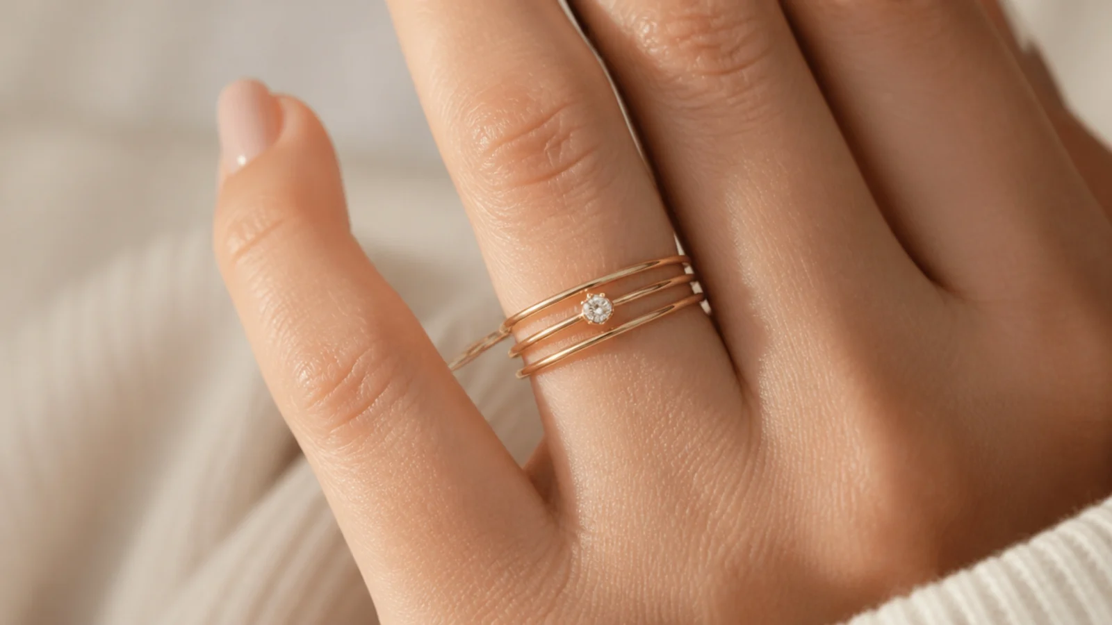 Faceless close-up of three thin stacked gold bands across two fingers with a small solitaire