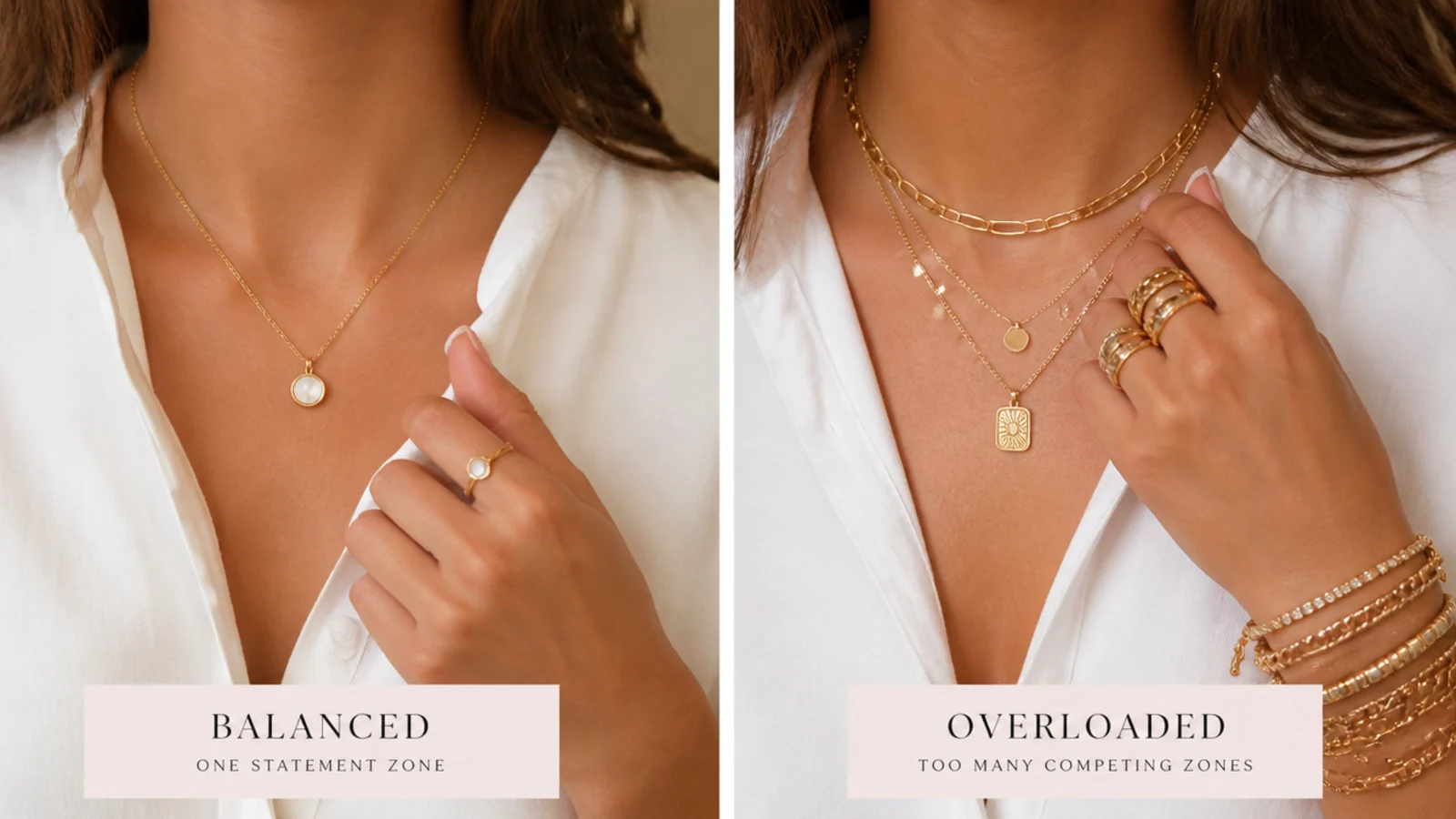 Faceless comparison of a balanced one-statement-zone look beside an overloaded stacked look