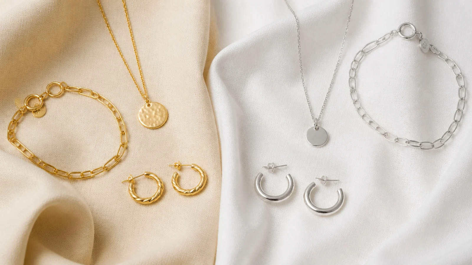 Faceless flat-lay comparing warm gold jewelry on warm-toned fabric and cool silver on cool-toned fabric