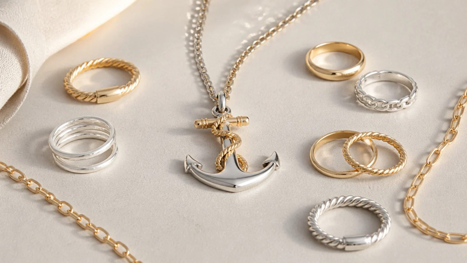 Faceless flat-lay of gold and silver rings and chains arranged around a two-tone anchor piece