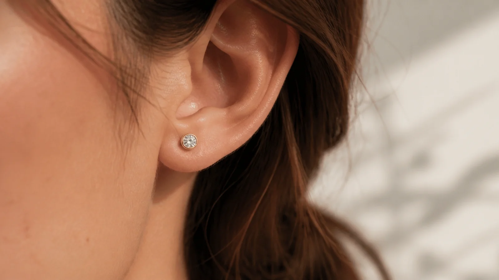 Faceless close-up of a small round lab-grown diamond stud in a bezel setting on an earlobe