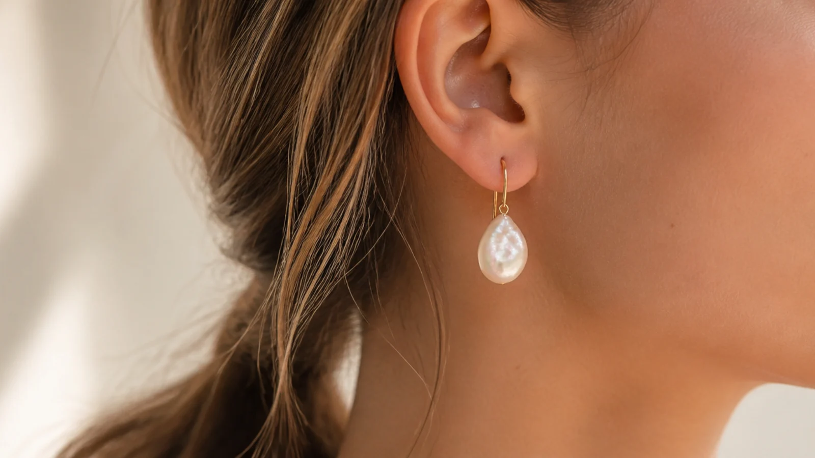 Faceless close-up of an irregular baroque freshwater pearl drop earring on a thin gold hook