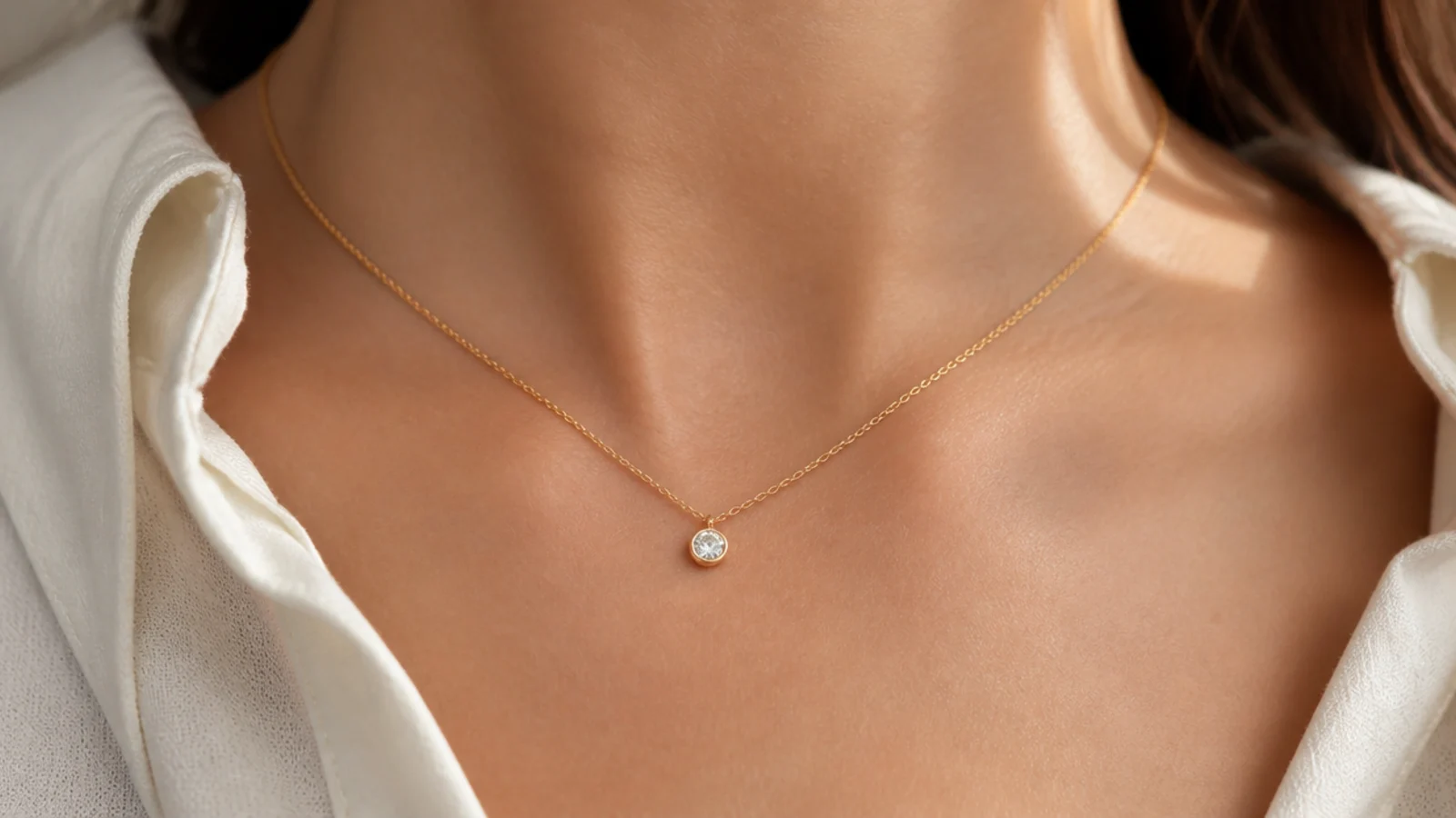 Faceless close-up of a single small bezel-set lab-grown diamond pendant on a fine gold chain