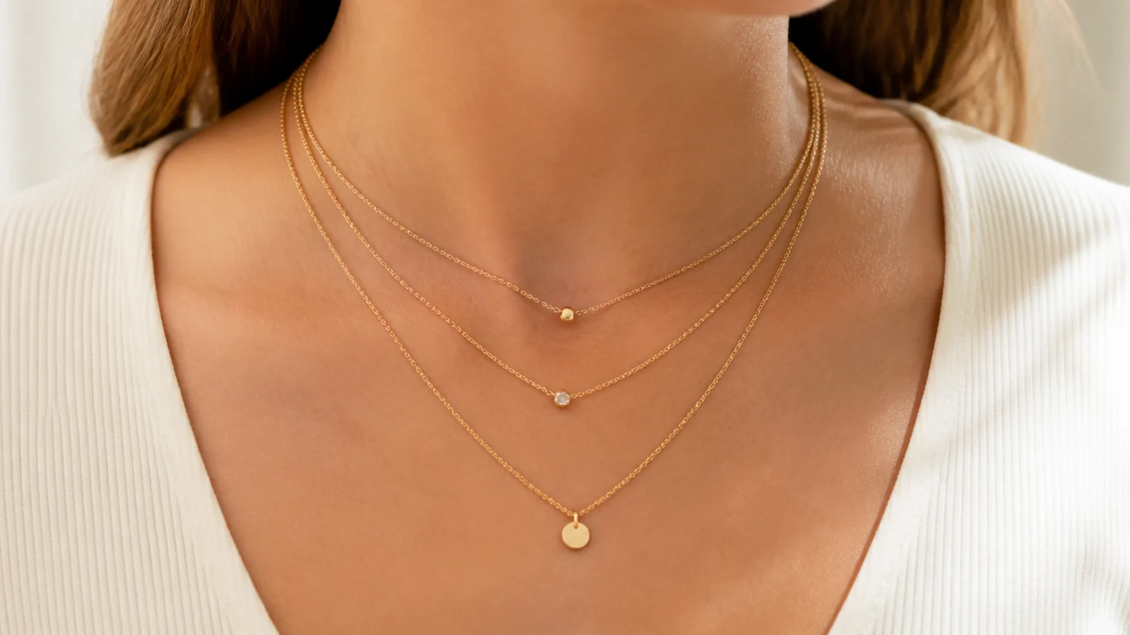 Faceless close-up of three layered fine gold chains at graduated lengths on a neutral top