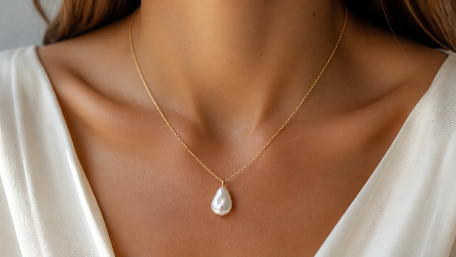 Faceless close-up of one irregular baroque pearl hanging from a fine gold chain at the collarbone