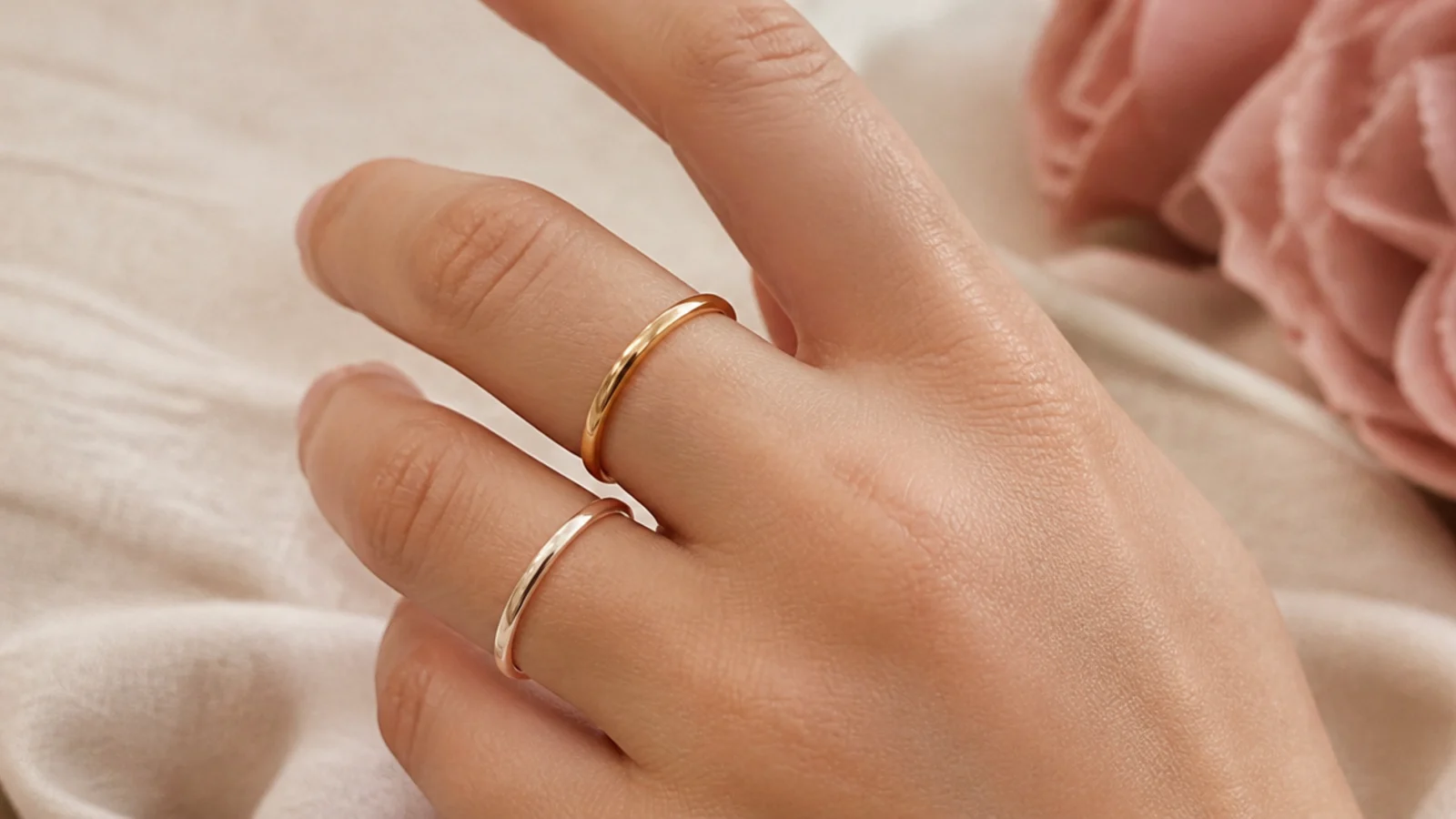 Faceless close-up of two thin plain gold band stacking rings on adjacent fingers