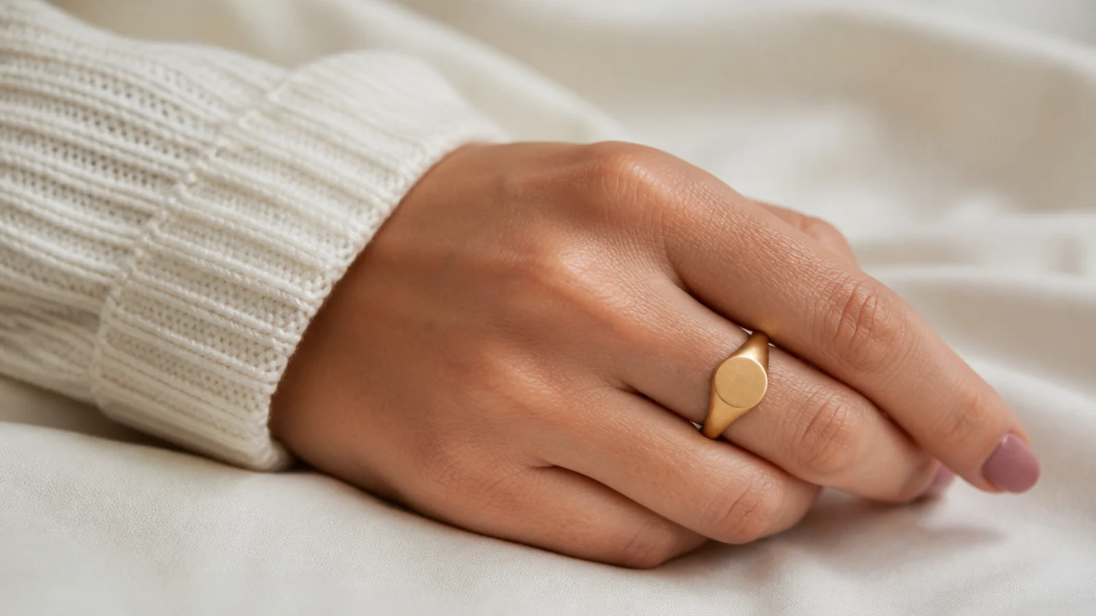 Faceless close-up of a small brushed gold signet ring on a pinky finger