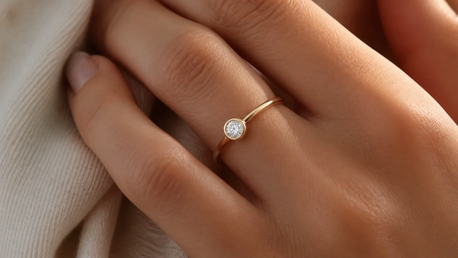 Faceless close-up of a small bezel-set lab-grown diamond solitaire ring on a thin gold band