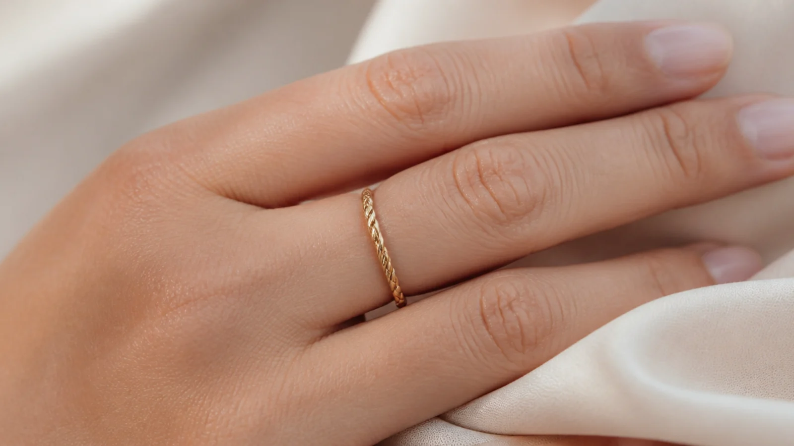 Faceless close-up of a fine twisted rope-texture gold band ring on a finger
