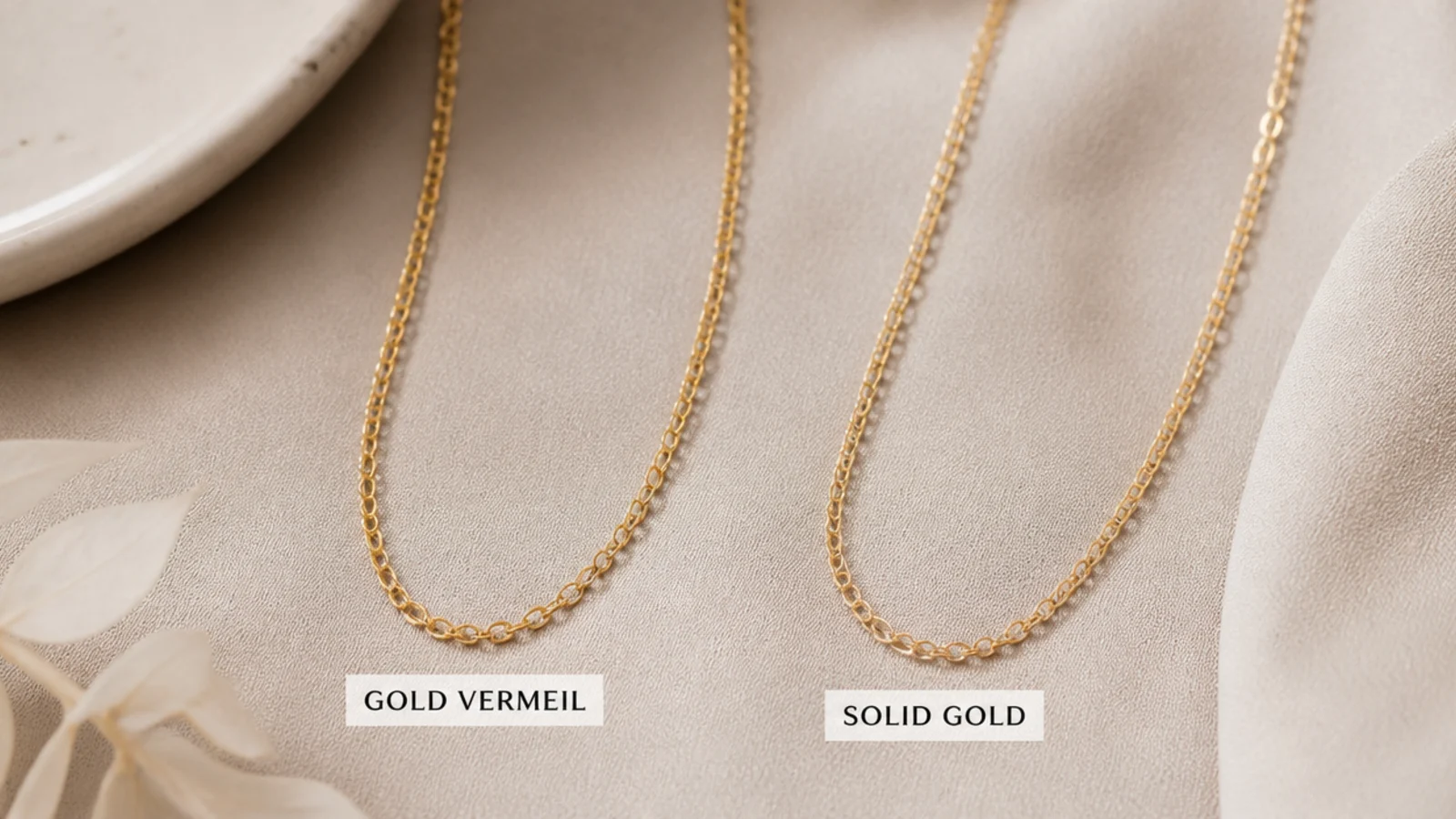 Faceless close-up comparing a gold vermeil chain and a solid gold chain side by side