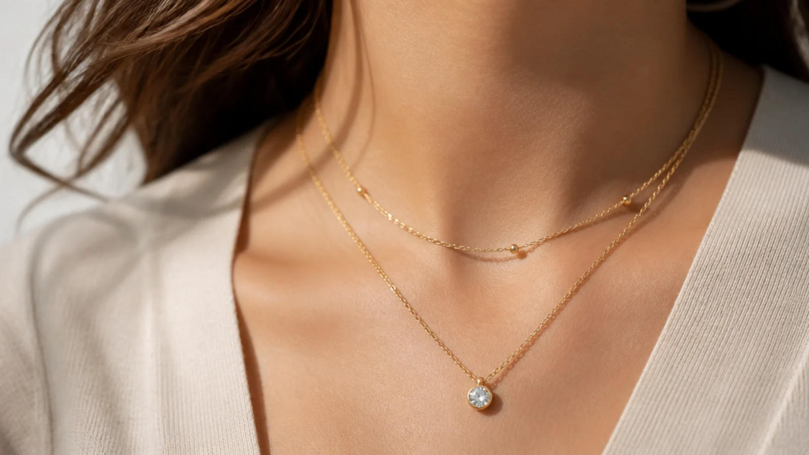 Faceless close-up of layered dainty gold necklaces and a solitaire pendant on a neutral top