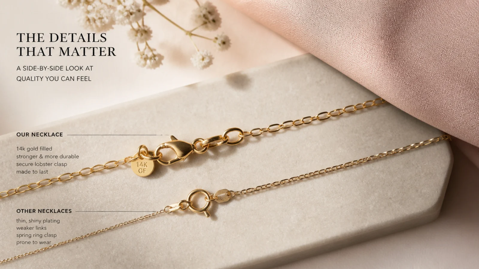 Faceless flat-lay comparing a well-made dainty gold chain and clasp against a shinier thin one