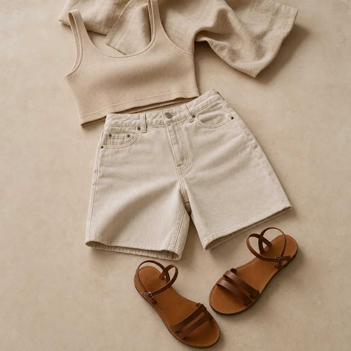 Faceless waist-down shot of high-waisted jorts with a ribbed crop top and flat sandals
