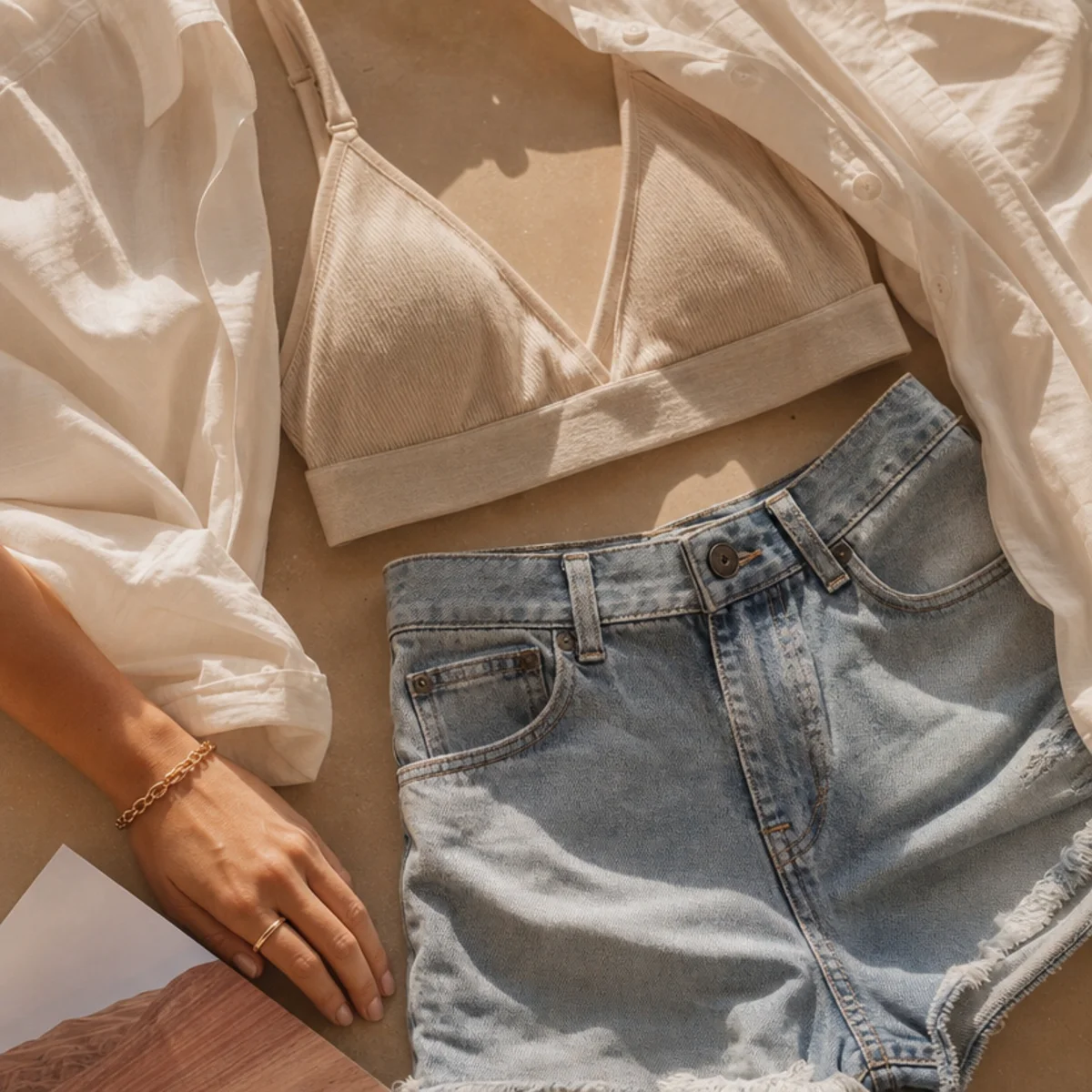 Faceless waist-up shot of a bralette under an open linen shirt with denim jorts