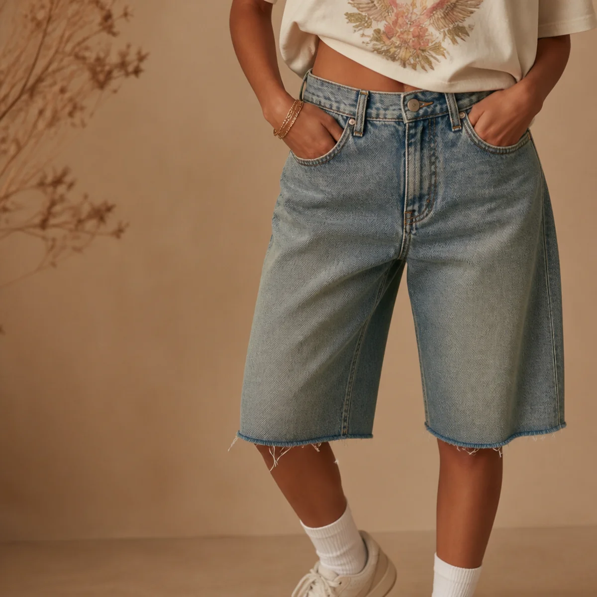 Faceless waist-down shot of denim jorts with a cropped graphic tee and sneakers